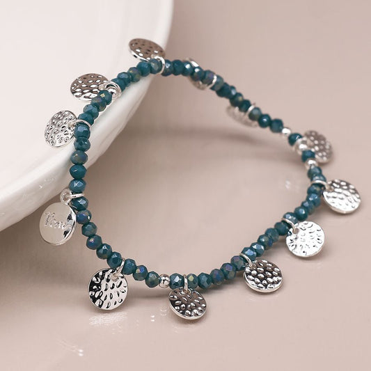 Blue Beaded Bracelet with Silver Hammered Discs