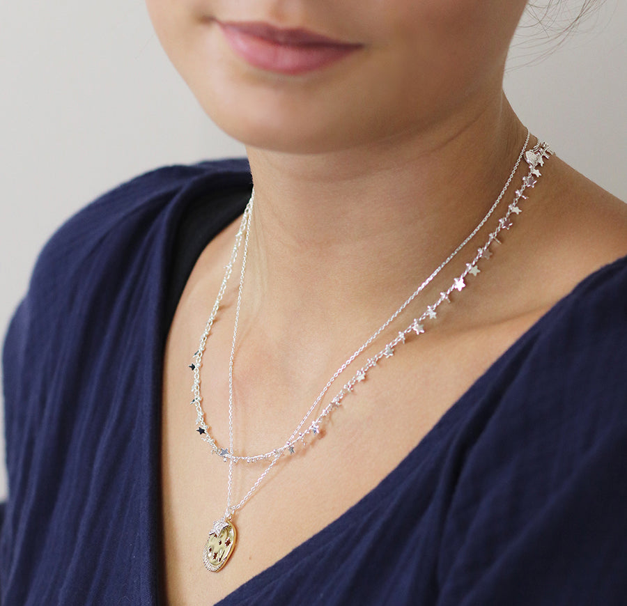 Silver Plated Multi Star and Tiny Bead Chain Necklace