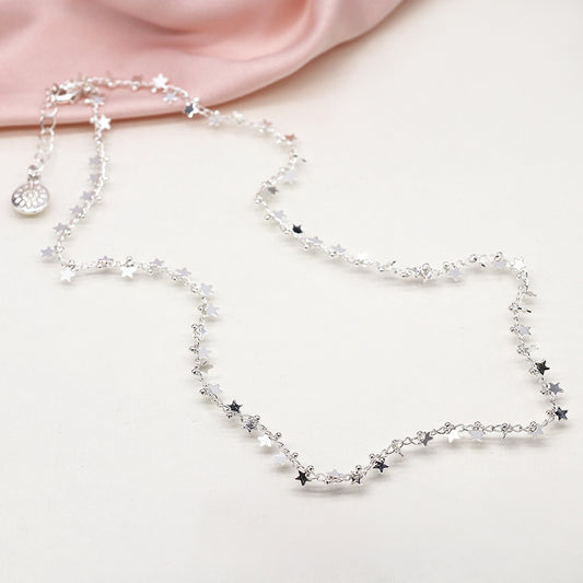 Silver Plated Multi Star and Tiny Bead Chain Necklace