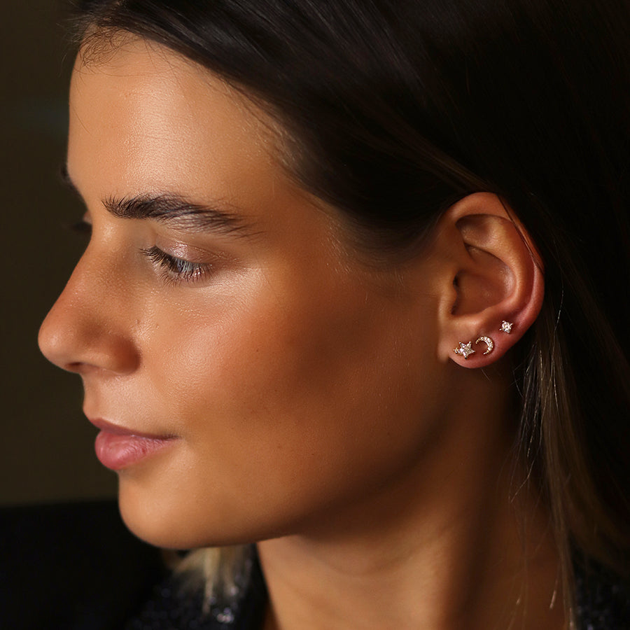 Golden Triple Star, Moon and Crystal Stud Earring Set