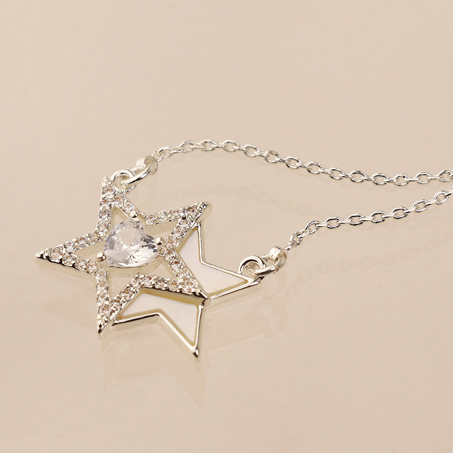 Silver Plated Double Star and Crystal Heart Necklace