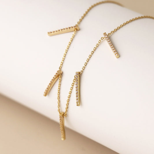Golden Fine Chain and Crystal Bars Drop Necklace