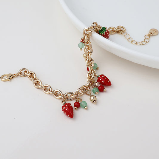 Faux Gold Chain Bracelet with Strawberry Enamel Charms