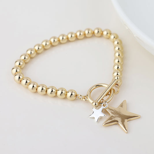 Faux Gold Plated Beaded T-Bar Bracelet with Silver Plated Small Star/Gold Star Charms
