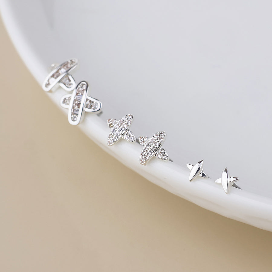 Silver Plated Crystal Flower StudsTriple Pair Pack