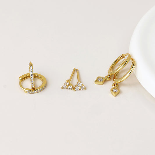 Faux Gold Tiny Crystal Stud and Hoop 3 Pair Pack