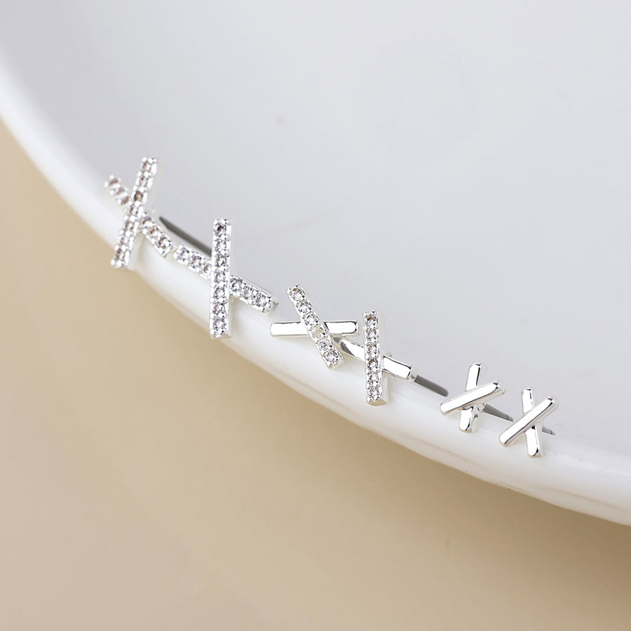 Silver Plated Crystal X Kiss Triple Pair Pack Earrings