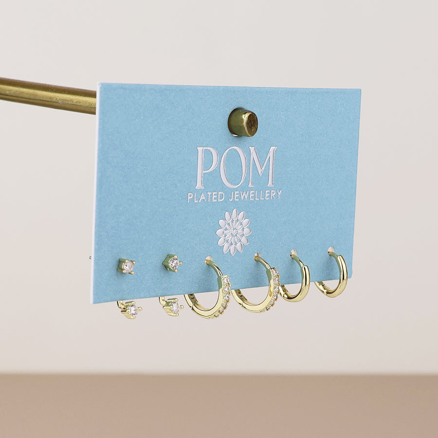 Izzy Golden Hoops and Crystal Lobe Hugger Triple Earrings Set