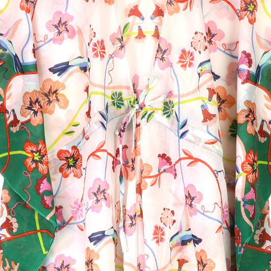 Green/White/Multi Floral Organic Cotton Long Beach Cover Up Kraftan with Waist Tie