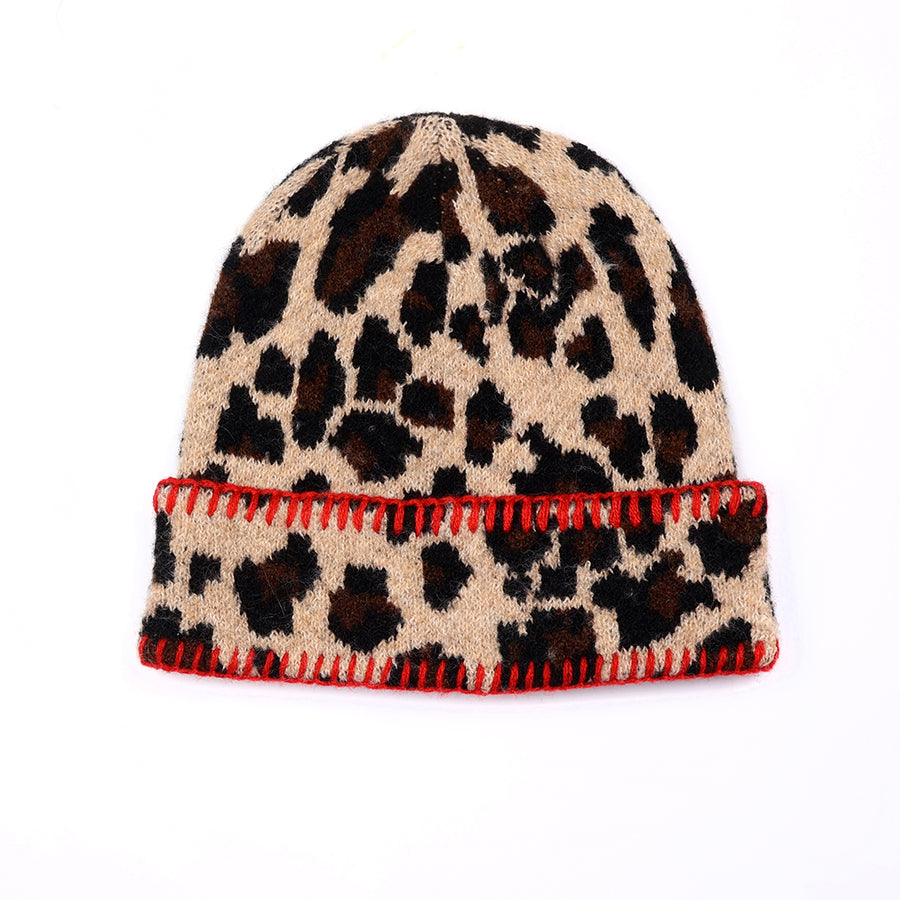 Peggy Beige Leopard Print Hat with Red Blanket Stitch Trim