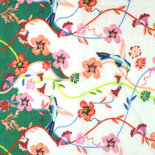 Green/White/Multi Floral Organic Cotton Scarf with Tassels