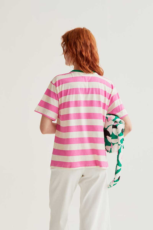 CF Big Pink Stripe T-Shirt with Green Neckline