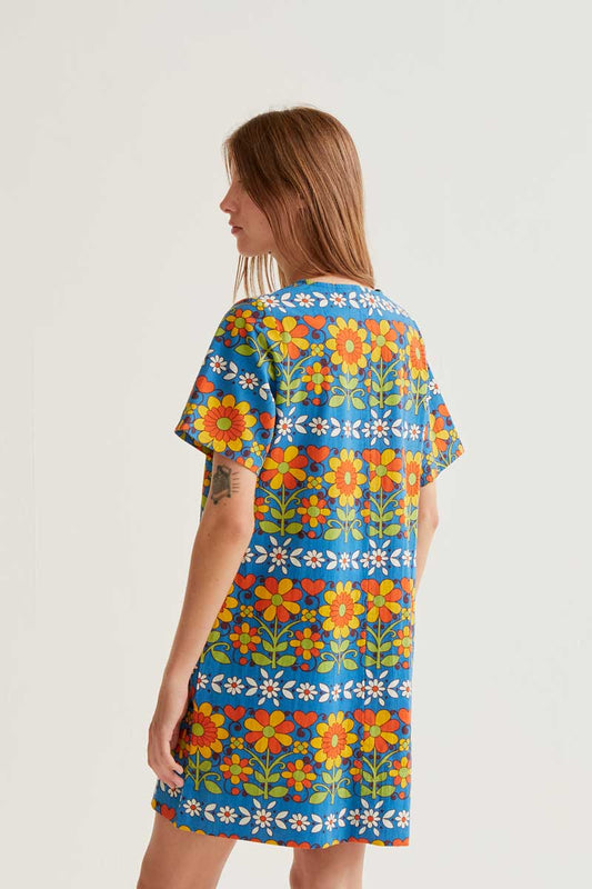 CF Bright Blue Short Dress with Flower Print