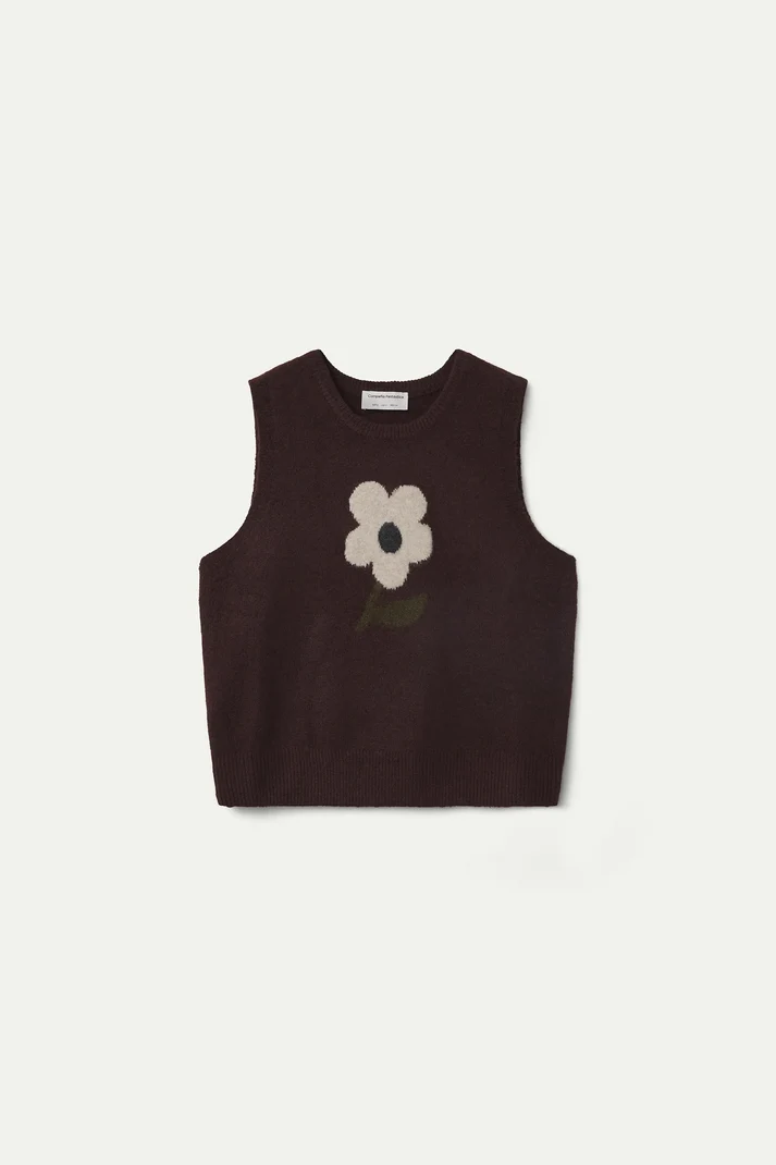 Knitted Brown Vest with Big Flower Print