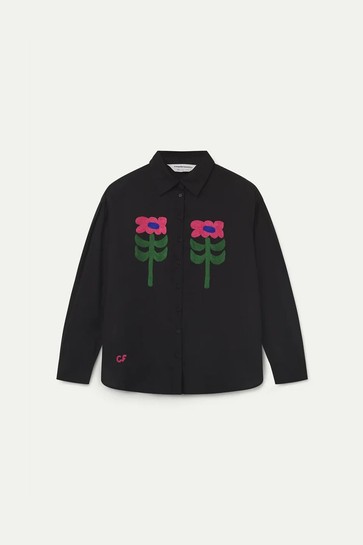 Black Shirt with Large Flower Embroidery
