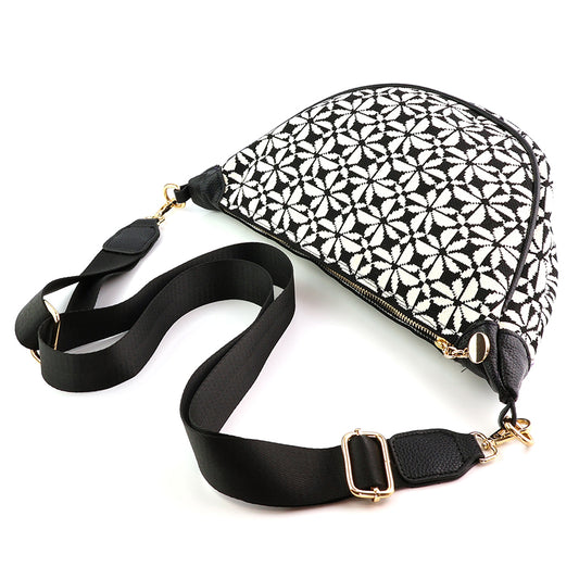 Black and White Tile Print Half Moon Bag