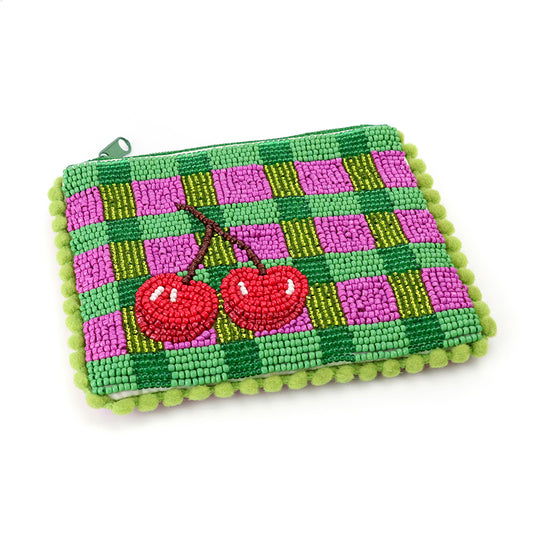 Checked Cherries Beaded Holiday Purse