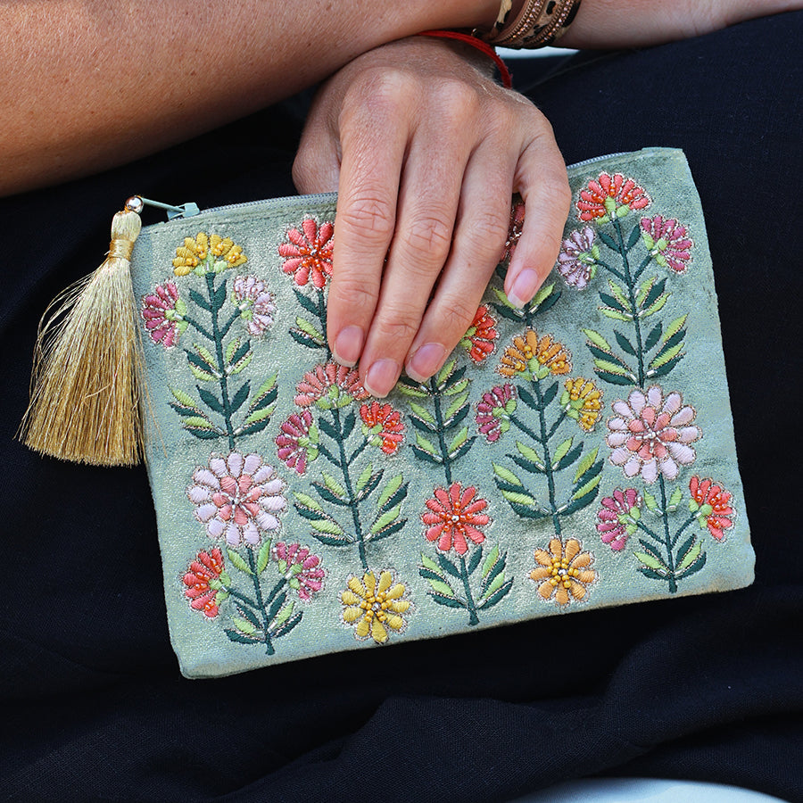 Green Velvet Dahlias Embroidered Zip Purse/Pouch