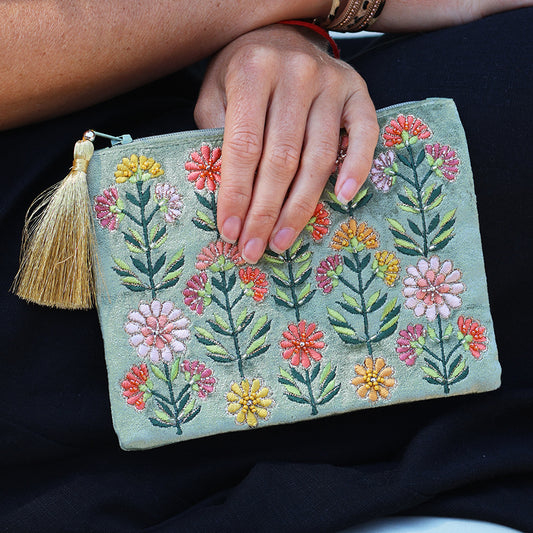 Green Velvet Dahlias Embroidered Zip Purse/Pouch