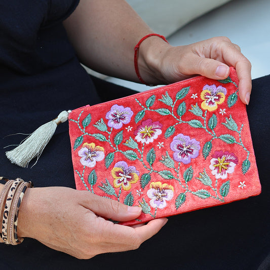 Coral Red Velvet Pansies Embroidered Zip Purse/Pouch