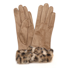 Lottie Taupe Faux Suede Animal Print Trim Gloves