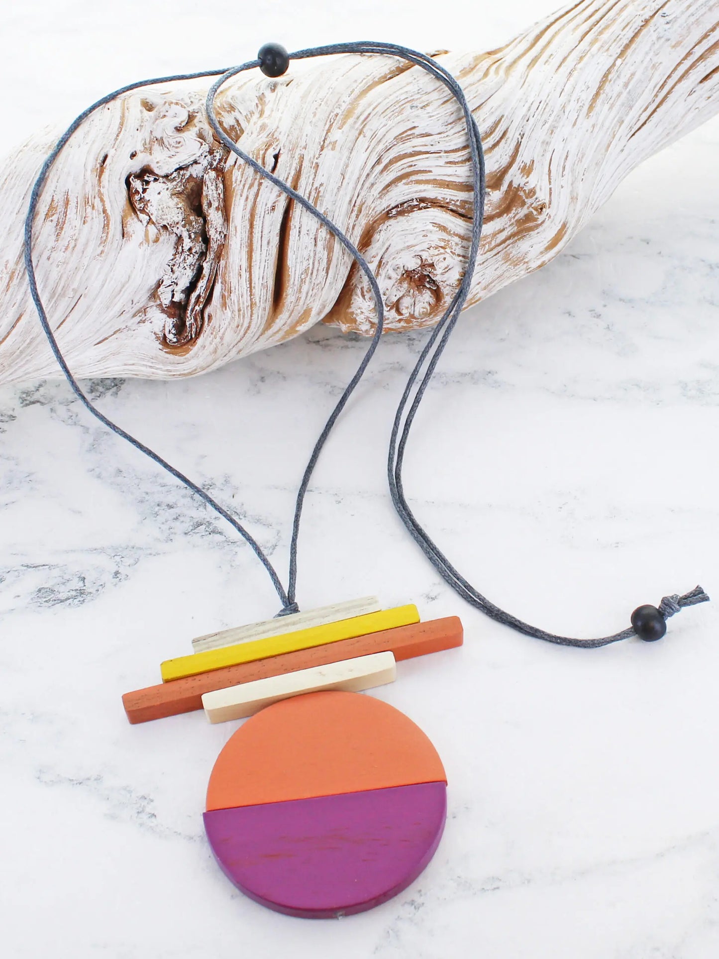 Wooden Two-Tone Pendant Necklace Purple and Orange