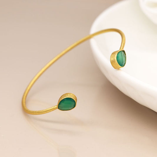 14K Gold Plated Green Onyx Teardrop Bangle