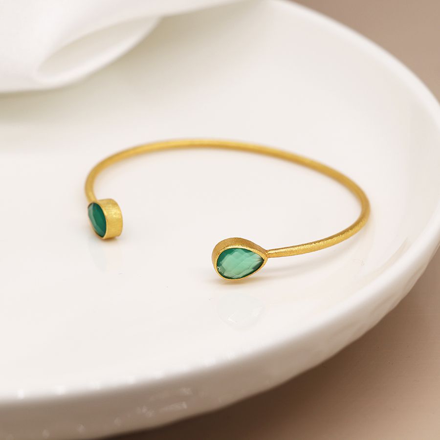14K Gold Plated Green Onyx Teardrop Bangle