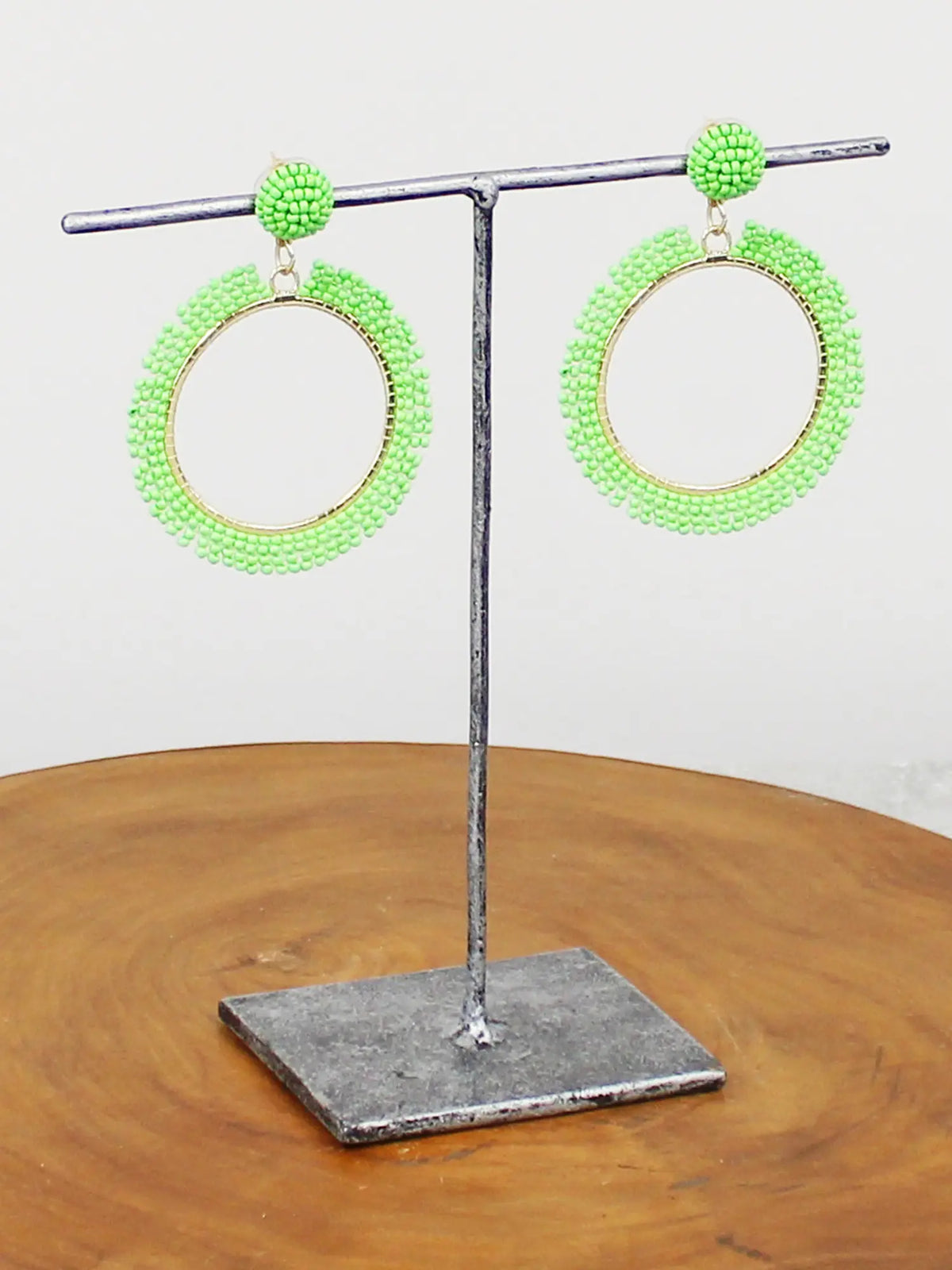 Beaded Hoop Earrings Bright Green