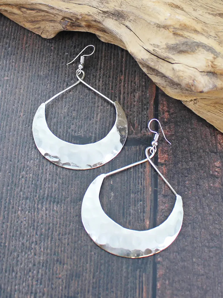 Beaten Hoop Moon Earrings Silver