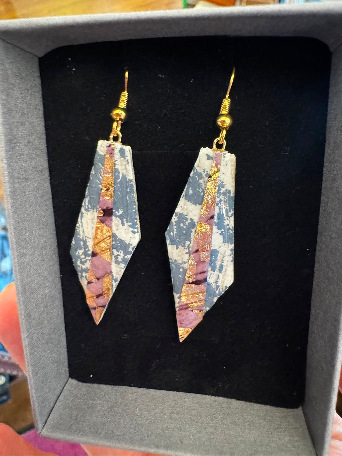 Mini Beulah batik textile earrings Slate Blue, Dusky Mauve
