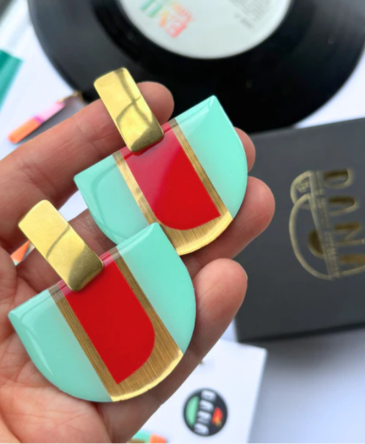 Rosa Earrings Mint Green, Red and Lush Gold