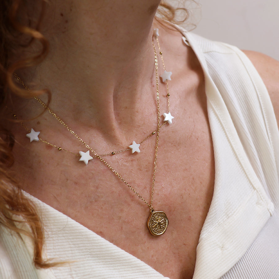 Gold Plated Stainless Steel White Star Station Chain Necklace