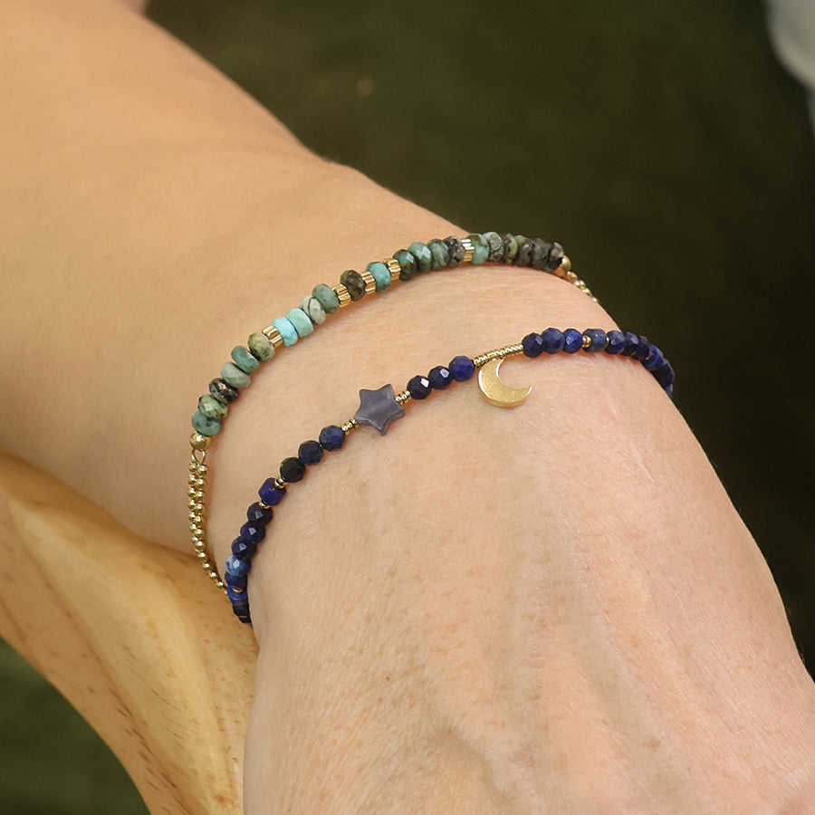 Gold Plated Stainless Steel Faceted Lapis Bead Moon Bracelet