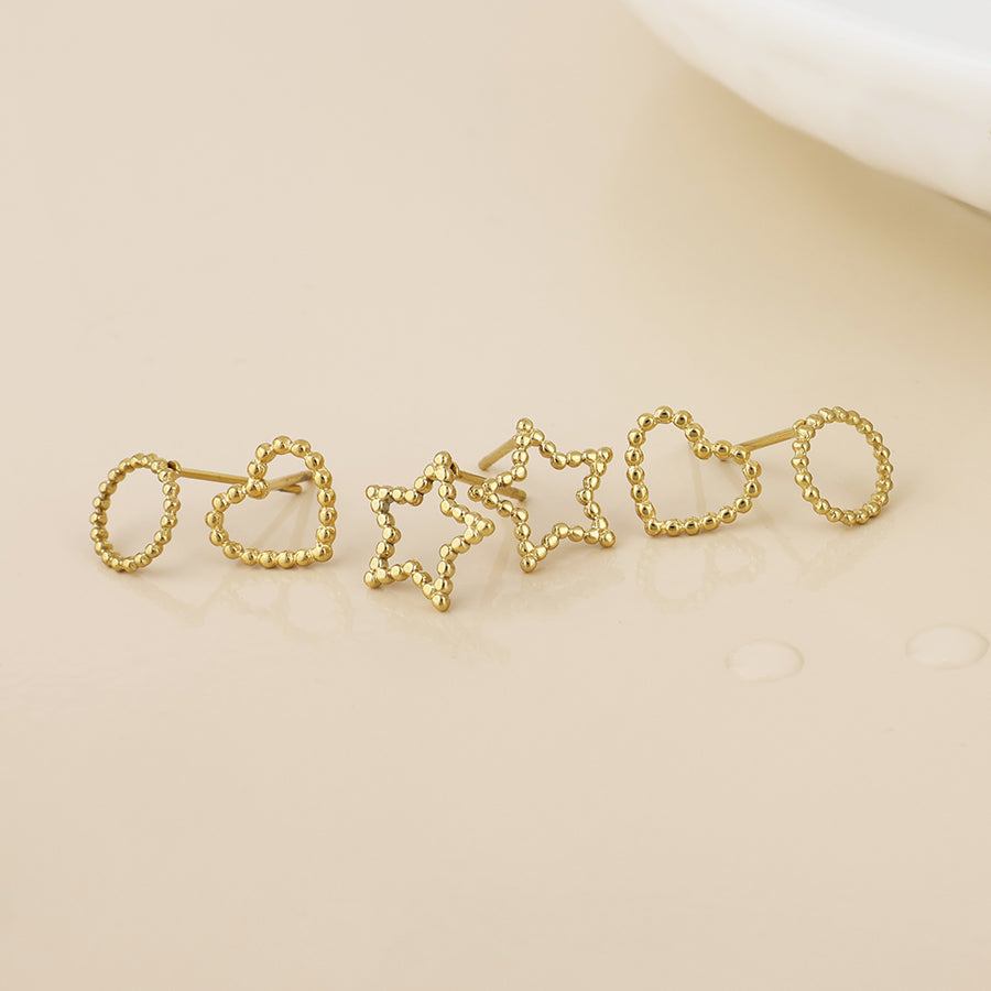 Nova Stainless Steel Gold Plated Beaded Outline Shapes Stud Earrings Set