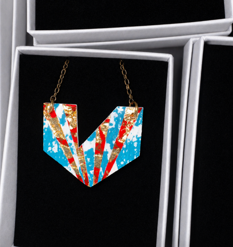 Ezrine batik textile necklace in Blue, Red & White