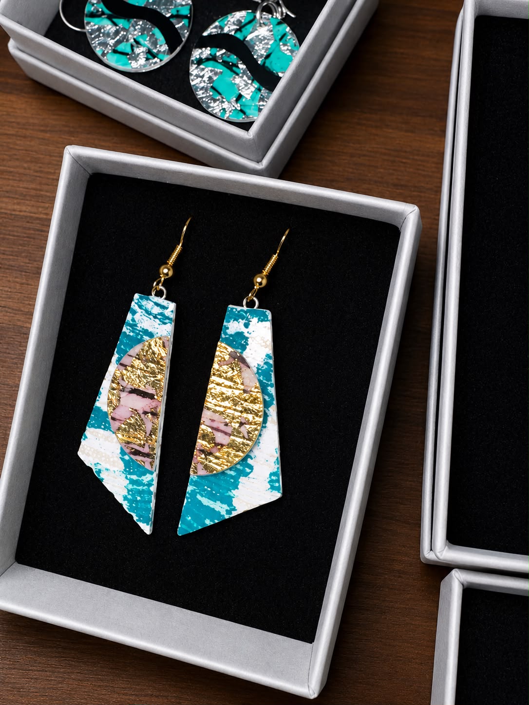 Cora batik textile earrings Blue with rose gold half moon