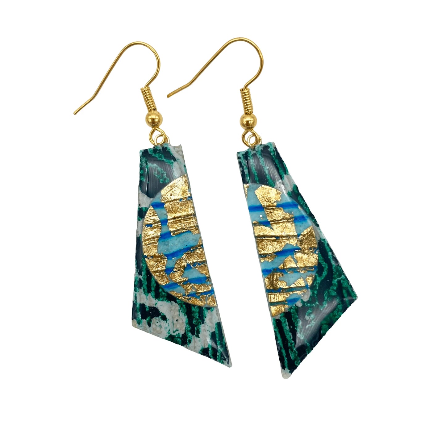 Cora batik textile earrings in dark green/gold/aqua