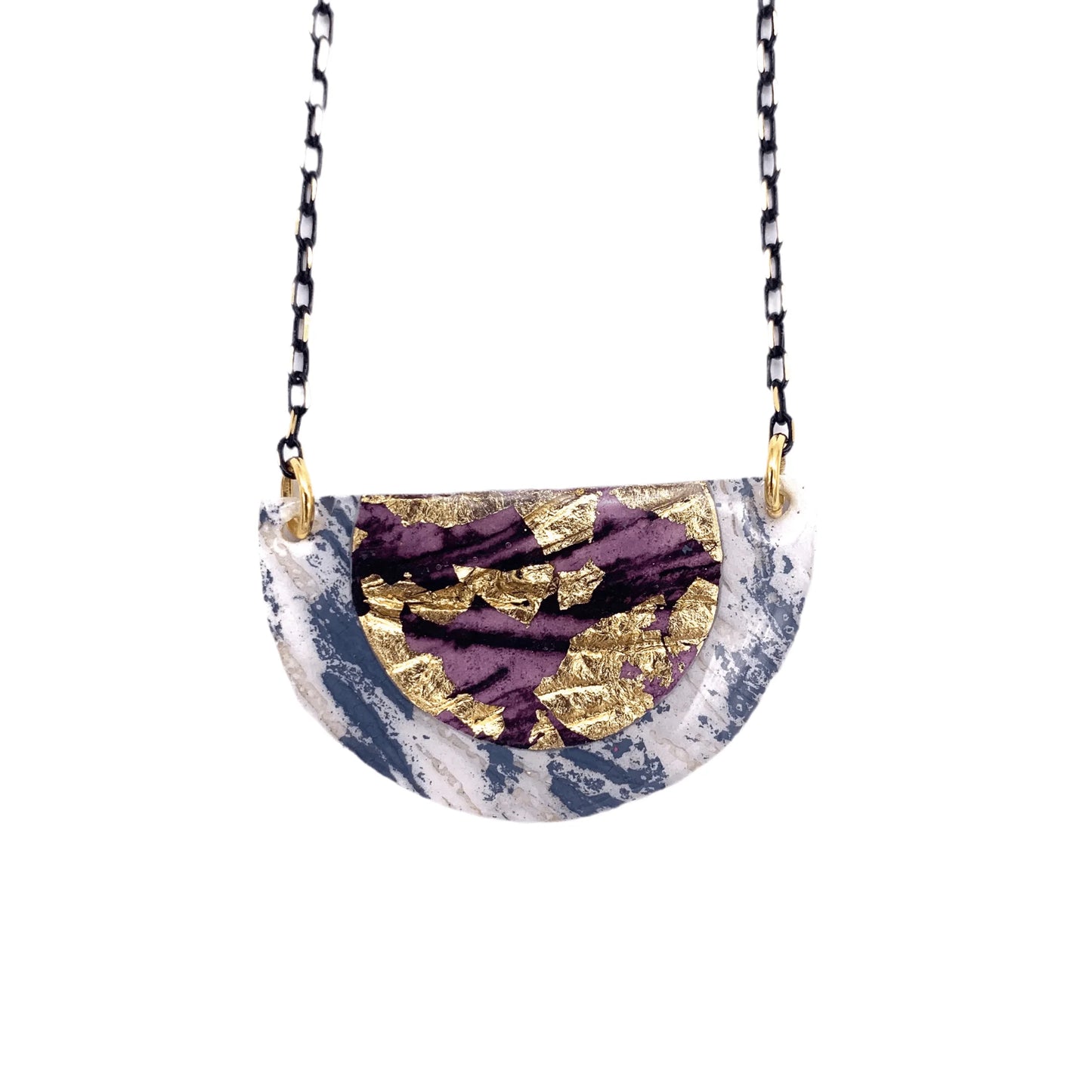 Ovette batik textile necklace in dove/gold/aubergine