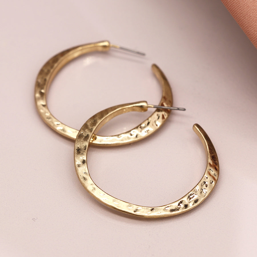 Worn Gold Irregular Hammered Open Hoop Earrings
