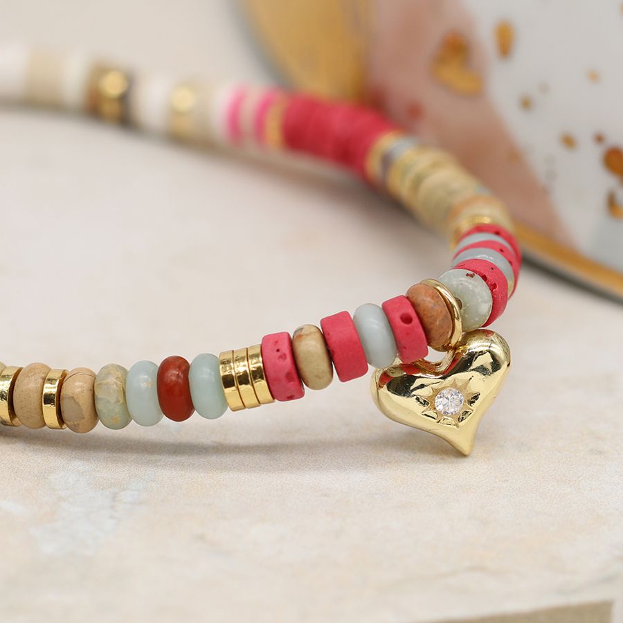 Gold Heart Charm On Pink Mix Semi Precious Stone Bracelet