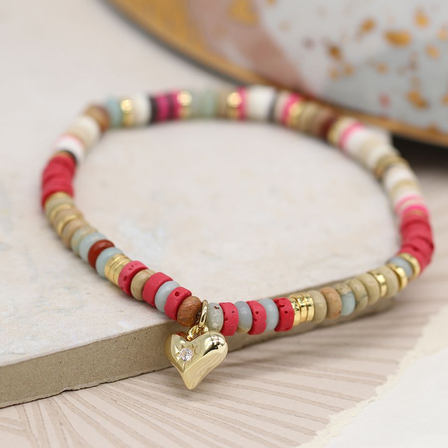 Gold Heart Charm On Pink Mix Semi Precious Stone Bracelet