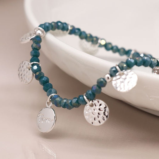 Blue Beaded Bracelet with Silver Hammered Discs