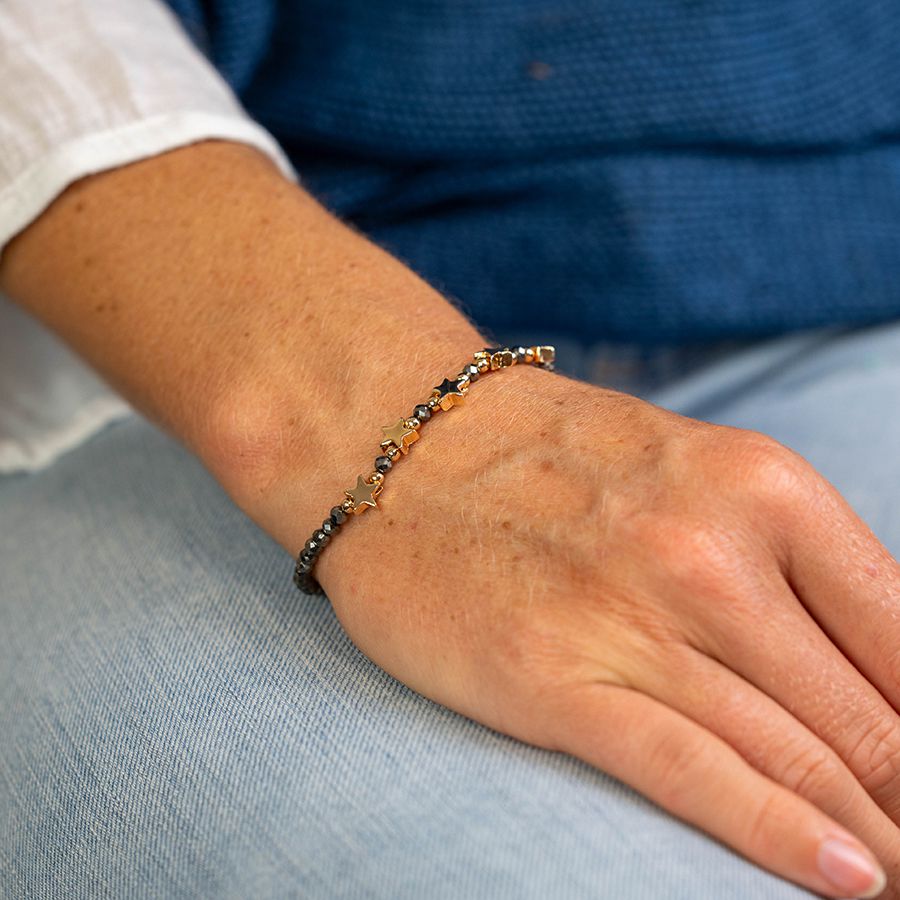 Midnight Bead Bracelet with Golden Stars and Metallic Beads