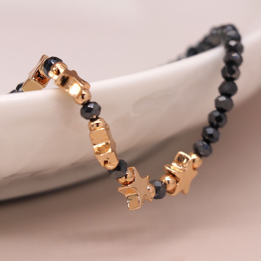 Midnight Bead Bracelet with Golden Stars and Metallic Beads