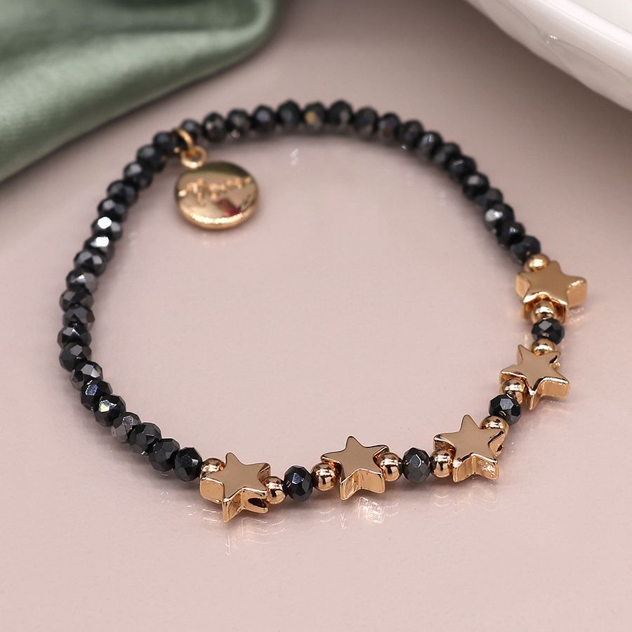 Midnight Bead Bracelet with Golden Stars and Metallic Beads