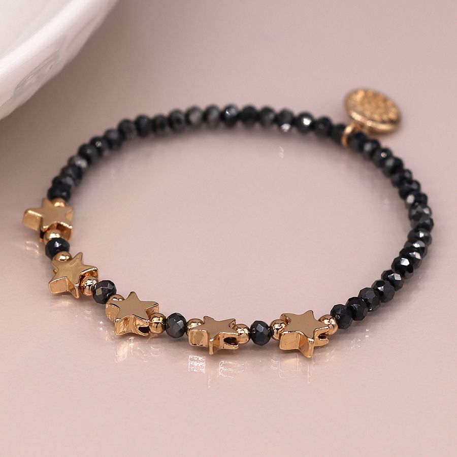 Midnight Bead Bracelet with Golden Stars and Metallic Beads