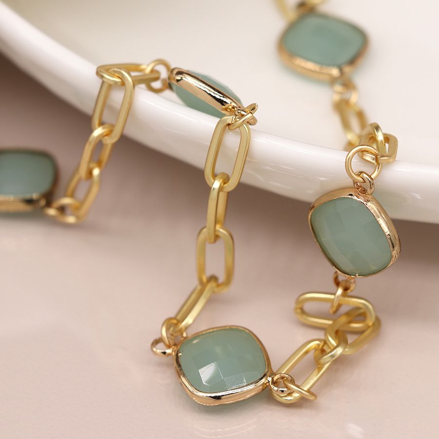 Golden Necklace with Aqua Square Stones