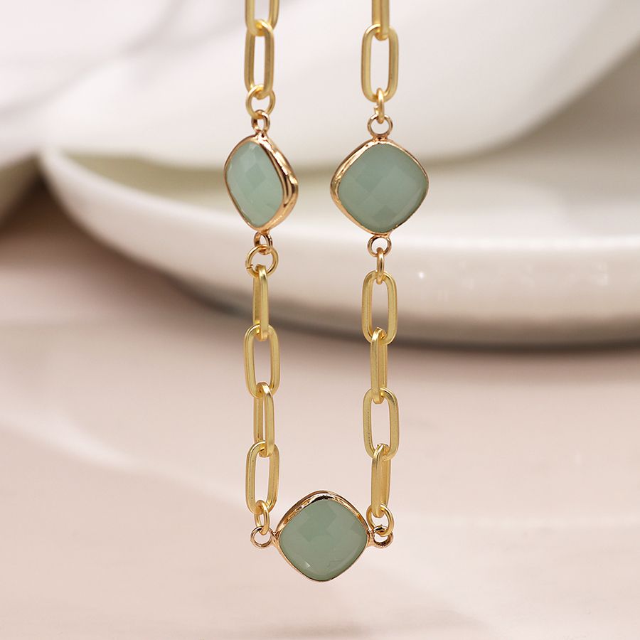 Golden Necklace with Aqua Square Stones