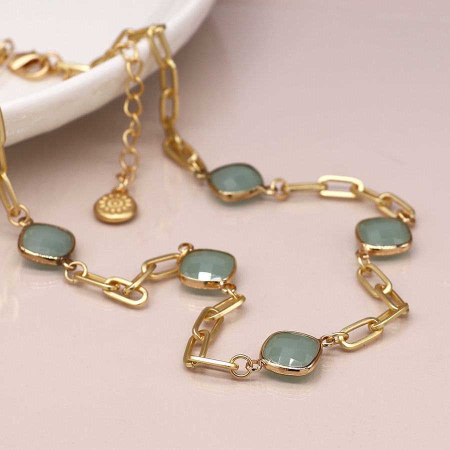 Golden Necklace with Aqua Square Stones